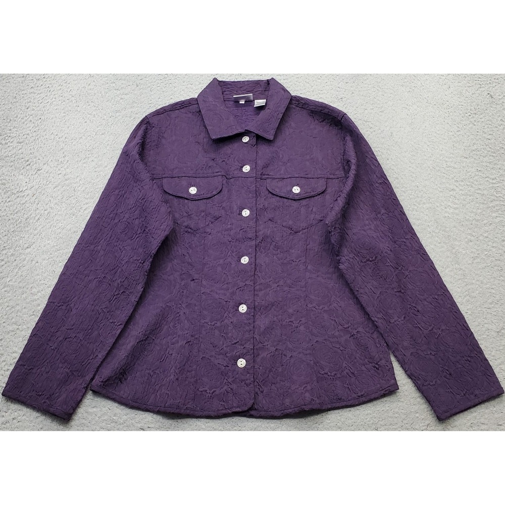 Chico's Shirt Jacket Womens Medium Purple Textured Rose Long Sleeve Button Front